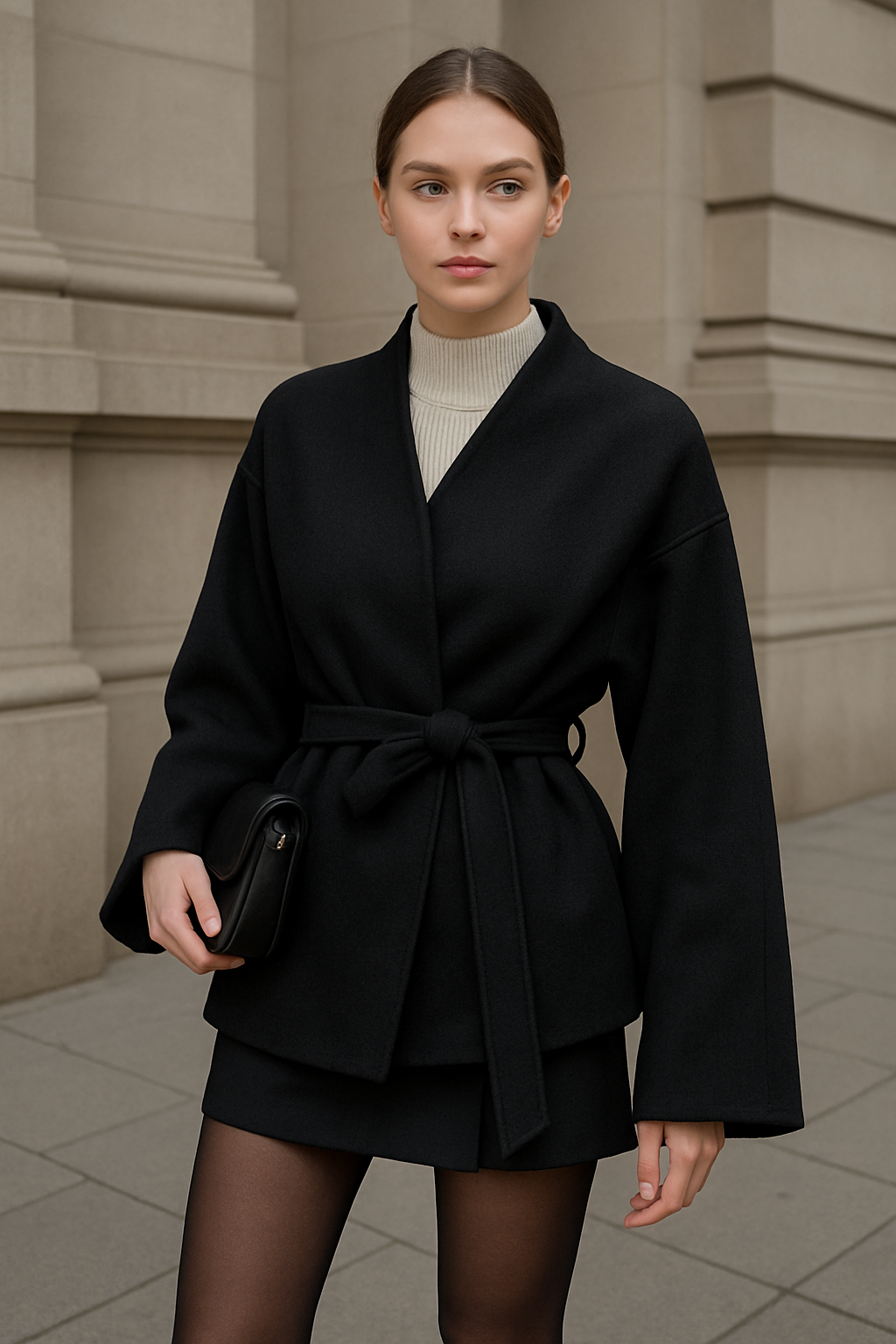 Kuşaklı Kaşe Hırka Minimal Kimono Model