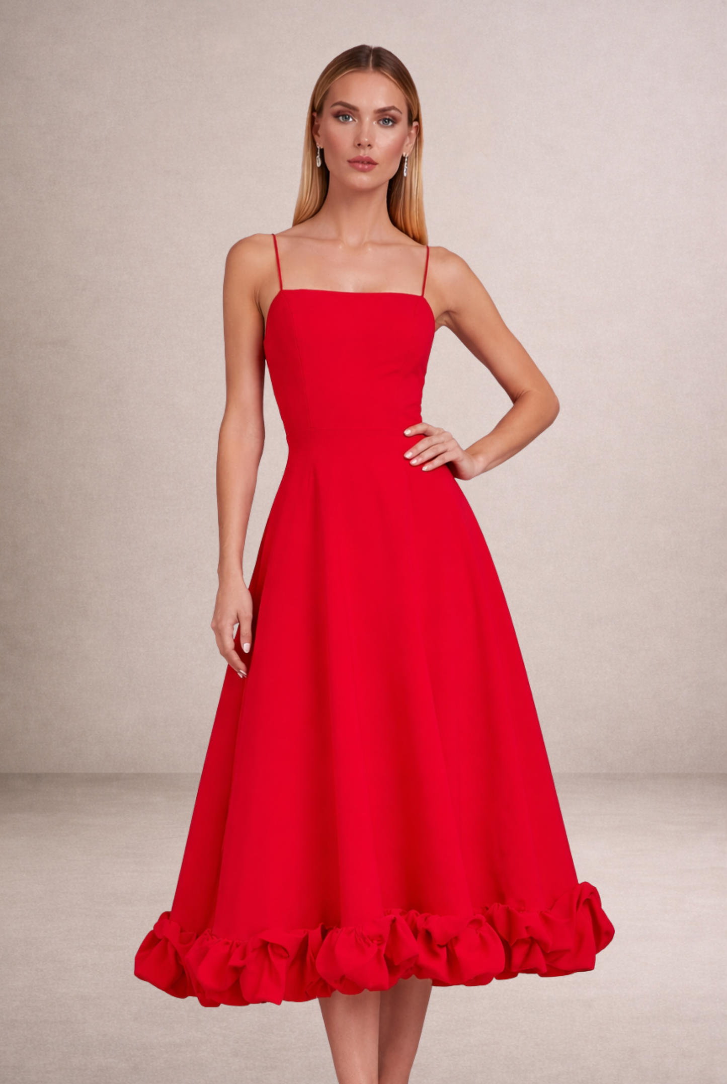 İnce Askılı Volan Detaylı Midi Davet Elbisesi