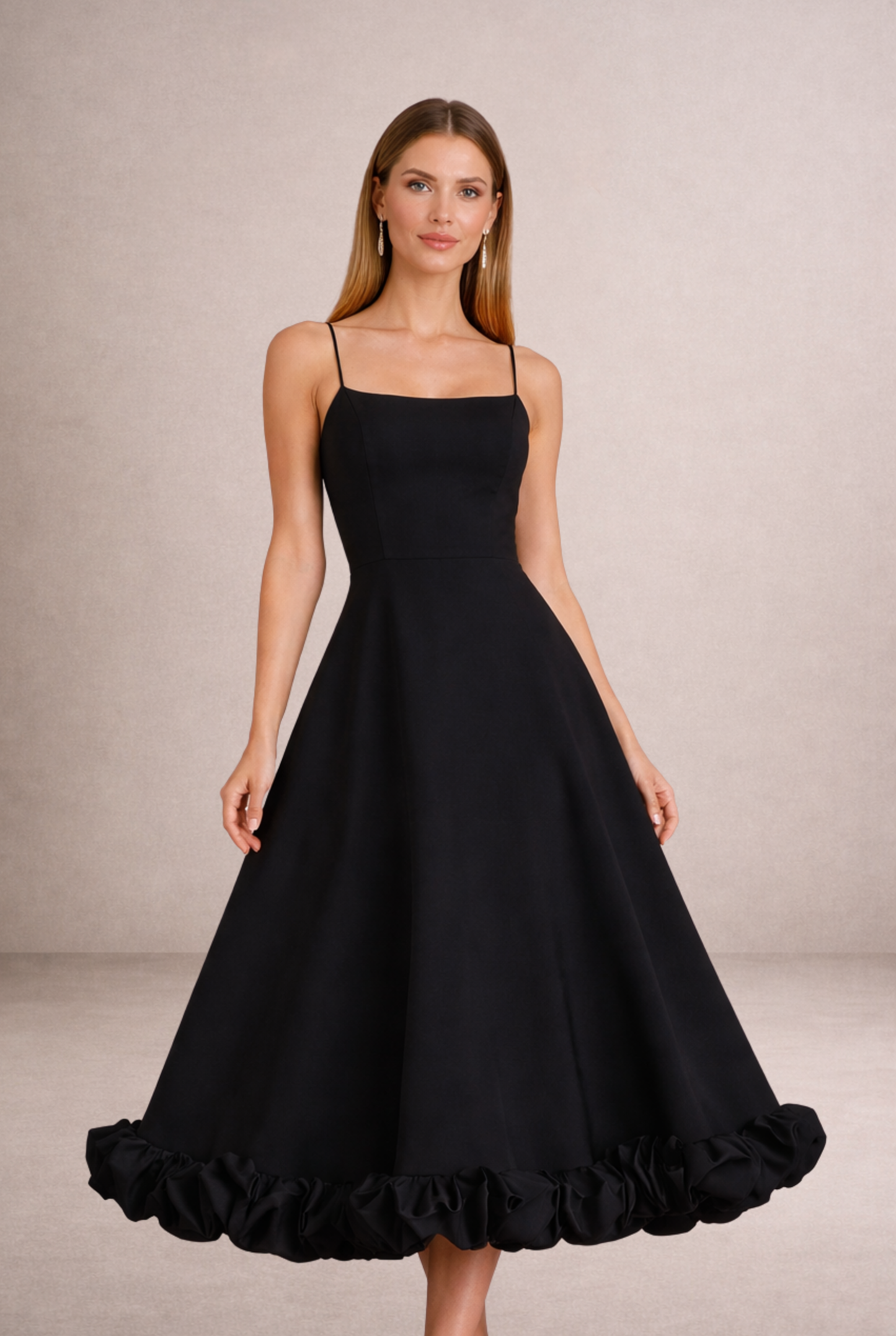 İnce Askılı Volan Detaylı Midi Davet Elbisesi