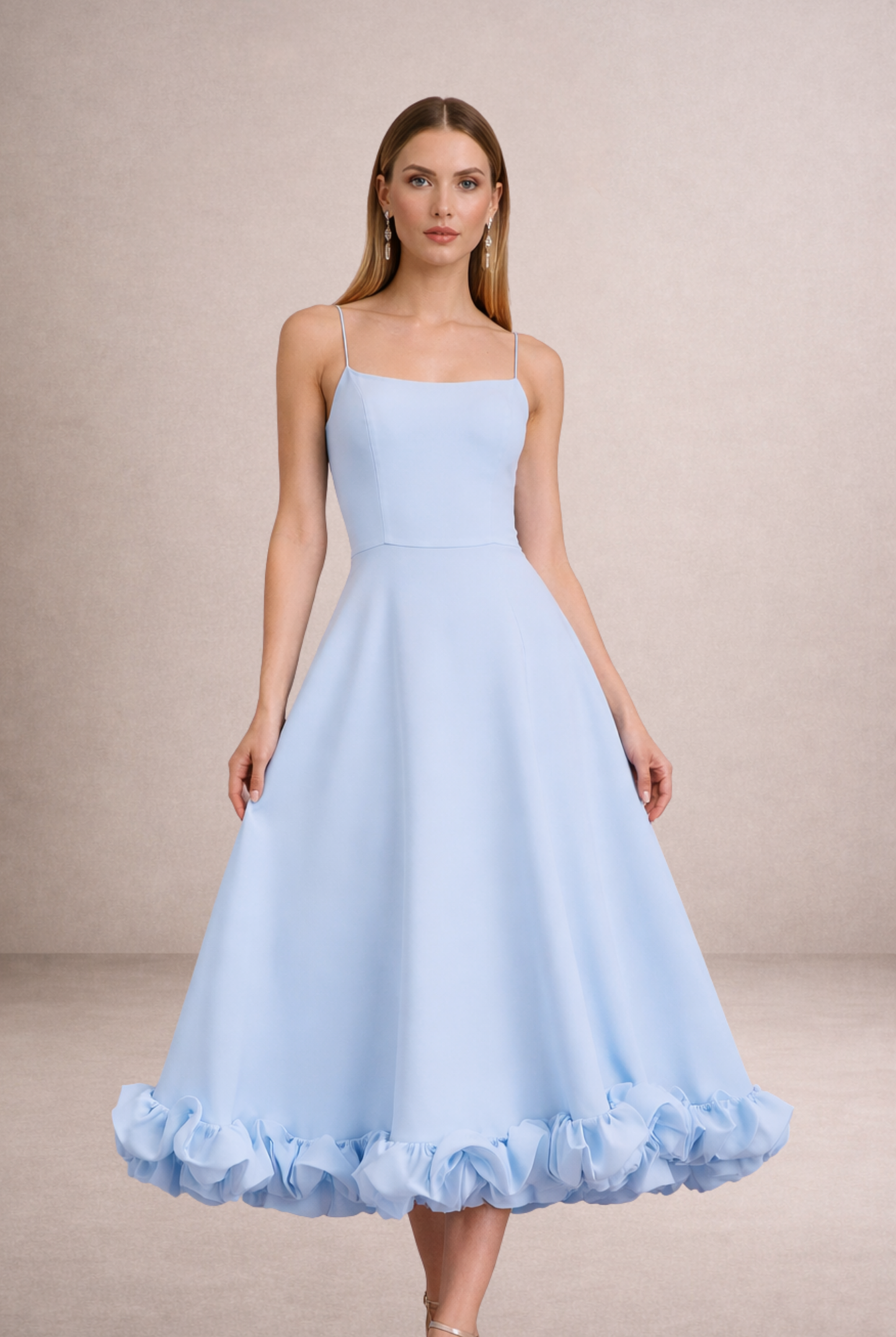 İnce Askılı Volan Detaylı Midi Davet Elbisesi