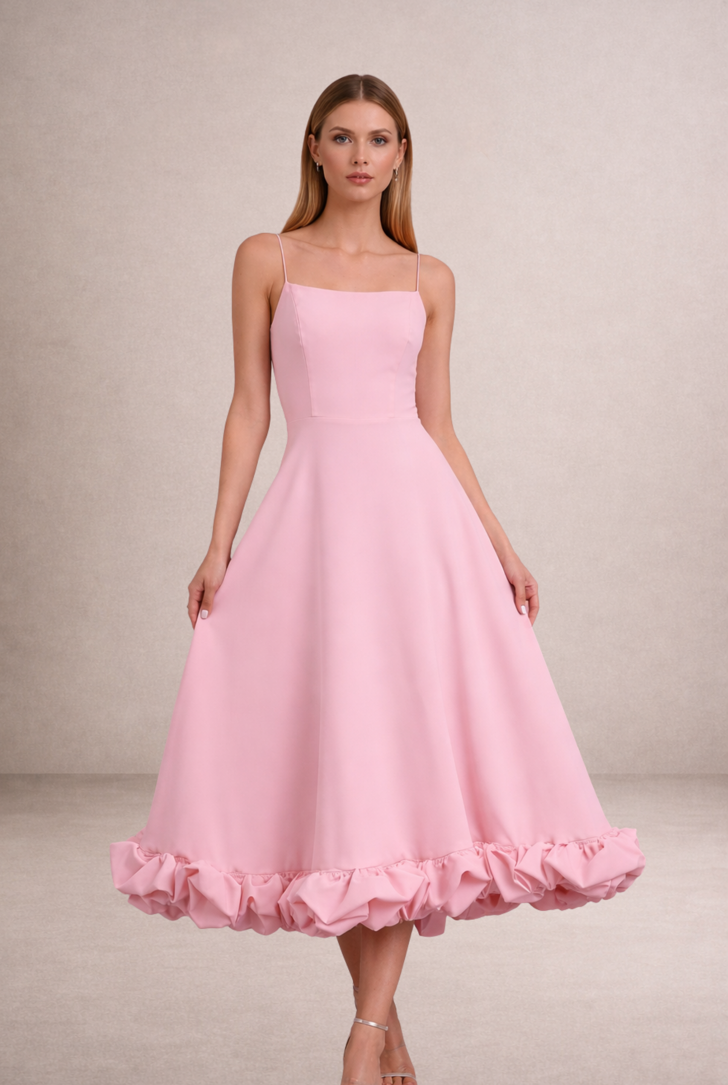 İnce Askılı Volan Detaylı Midi Davet Elbisesi