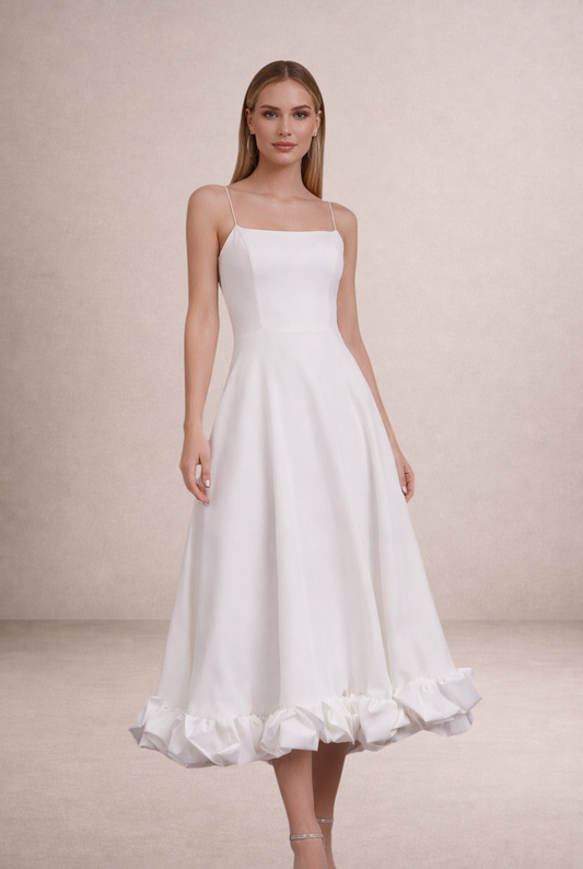 İnce Askılı Volan Detaylı Midi Davet Elbisesi