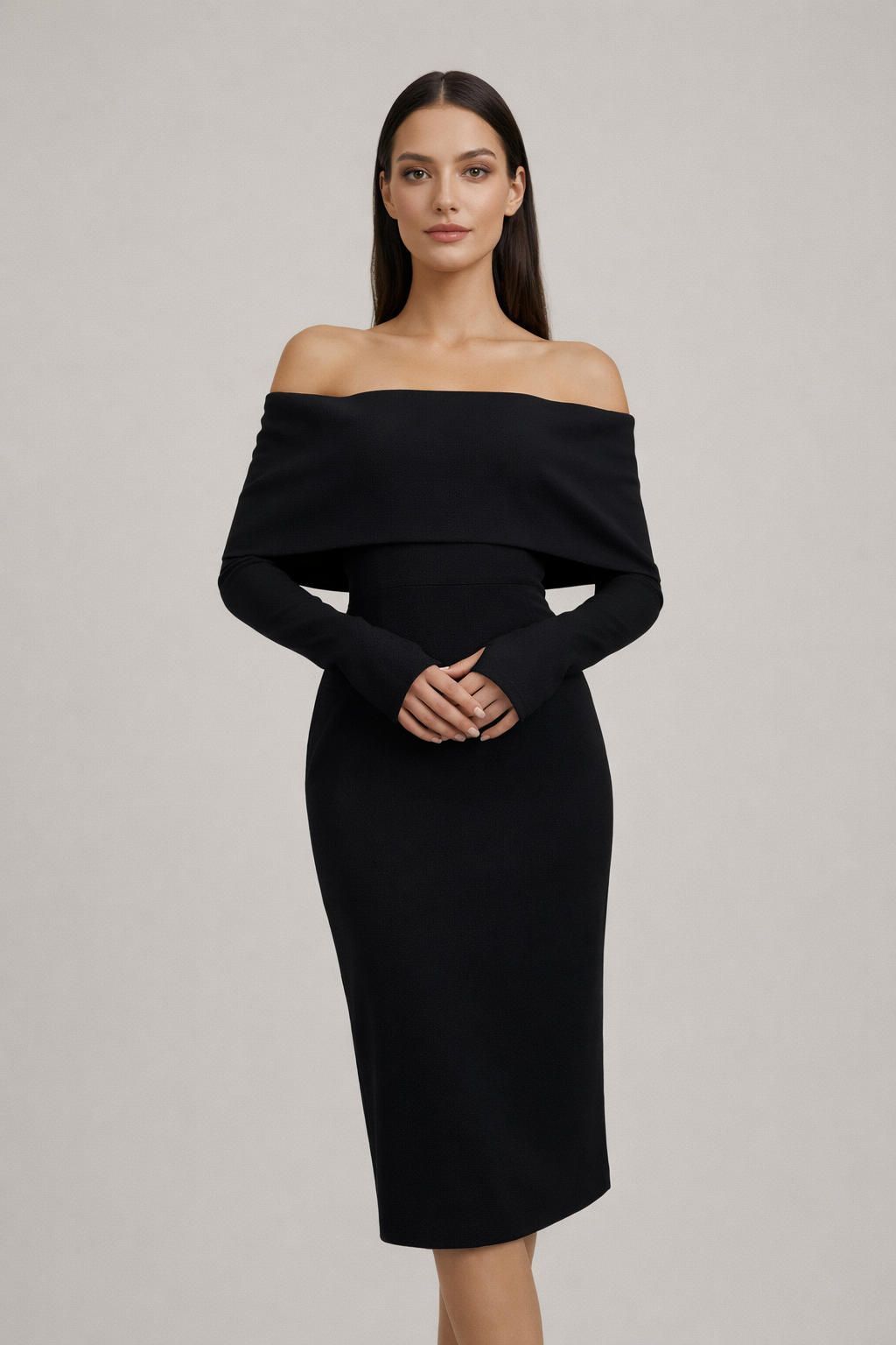 Madonna Yaka Uzun Kollu Midi Davet Elbisesi