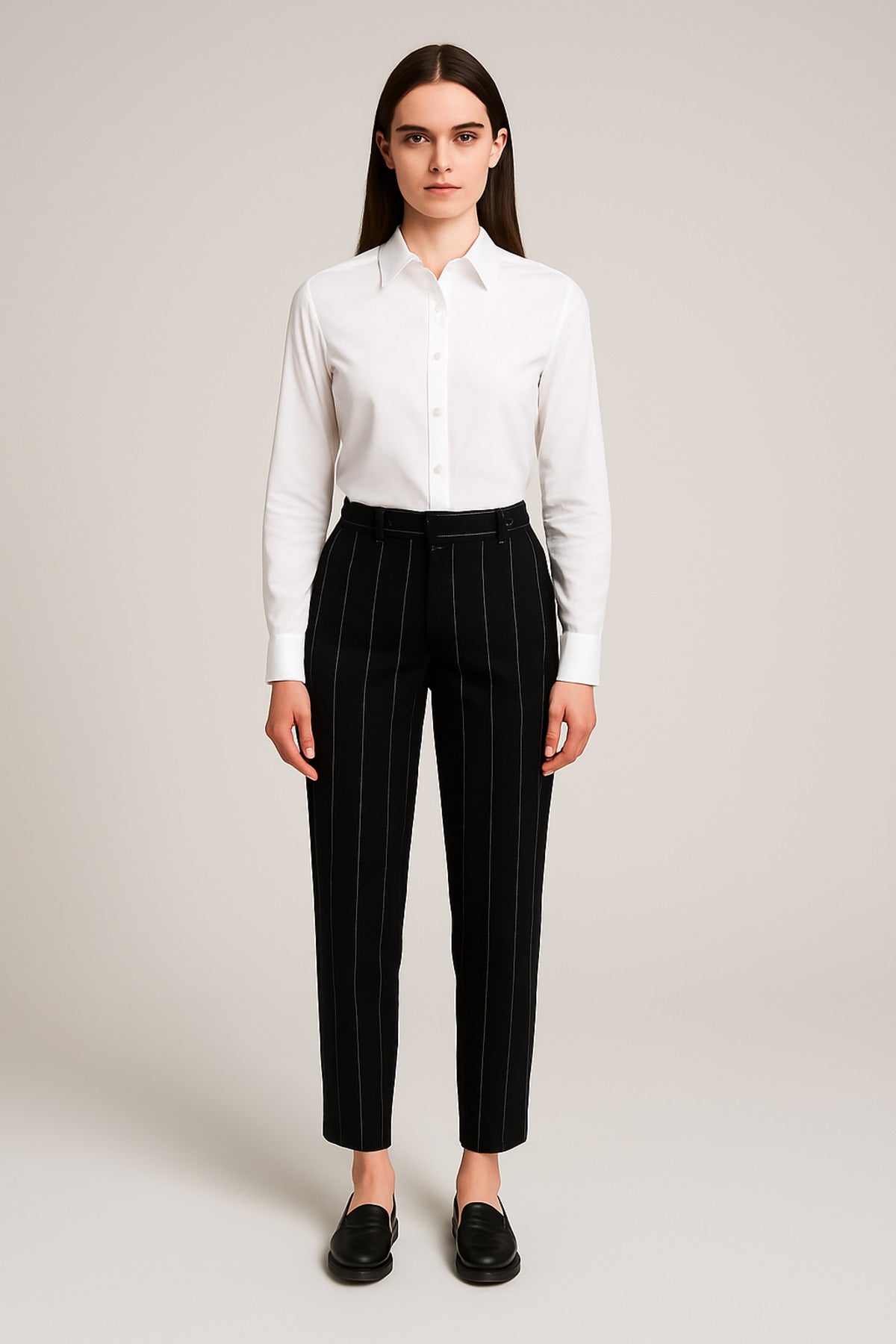 Kadın Siyah Çizgili Kaşe Kumaş Pantolon