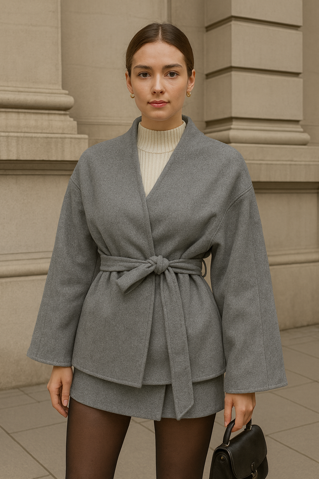 Kuşaklı Kaşe Hırka Minimal Kimono Model