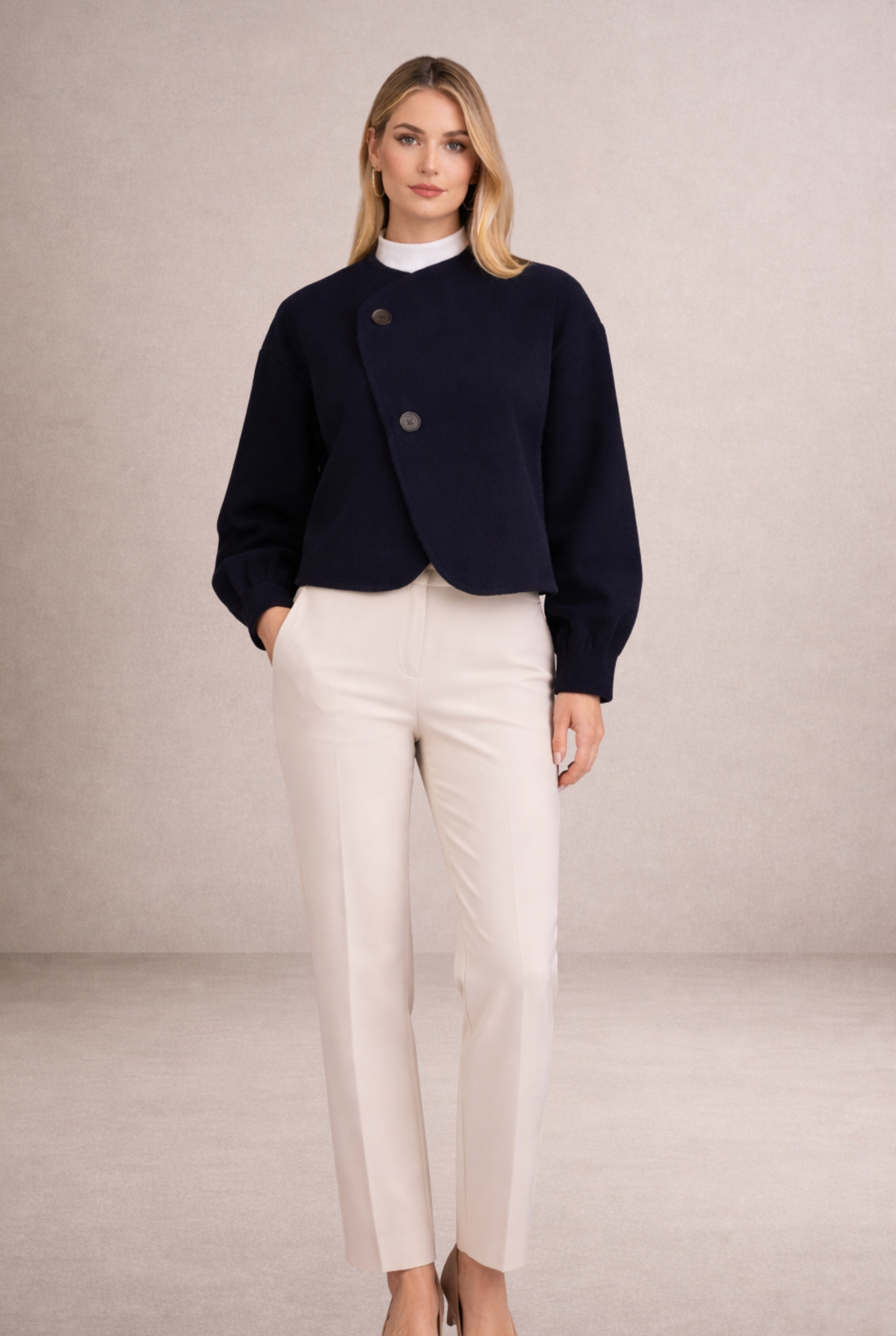 Lacivert Asimetrik Düğmeli Kadın Kaban