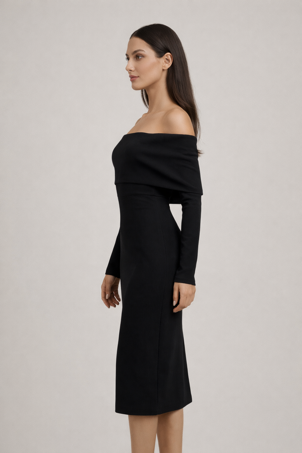 Madonna Yaka Uzun Kollu Midi Davet Elbisesi