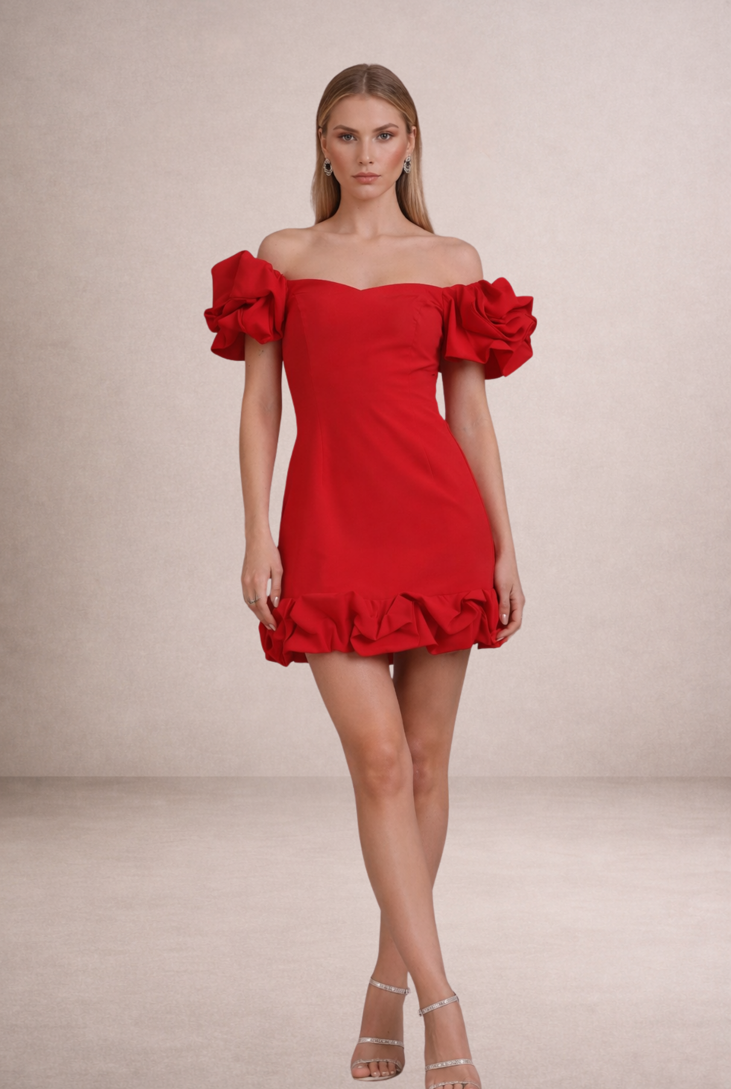 Omuz Açık Volan Detaylı Mini Davet Elbisesi