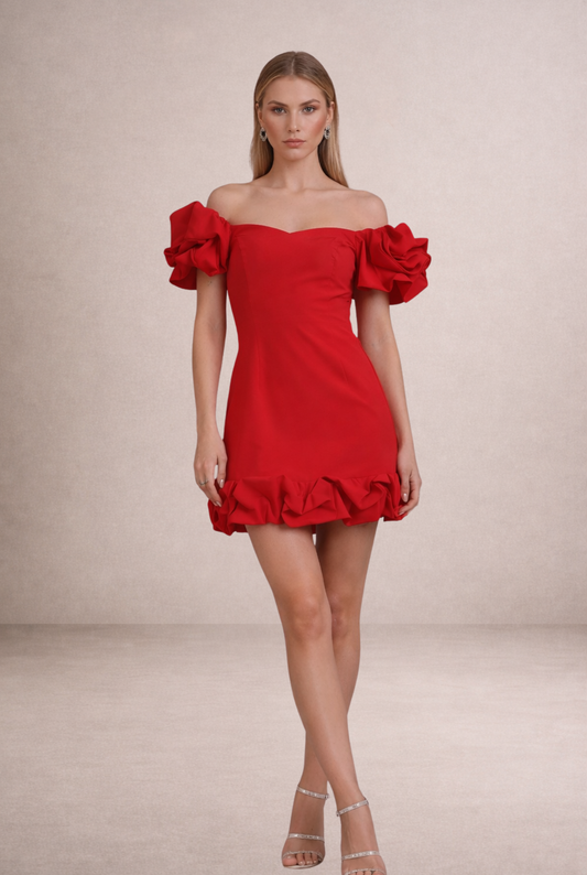 Omuz Açık Volan Detaylı Mini Davet Elbisesi