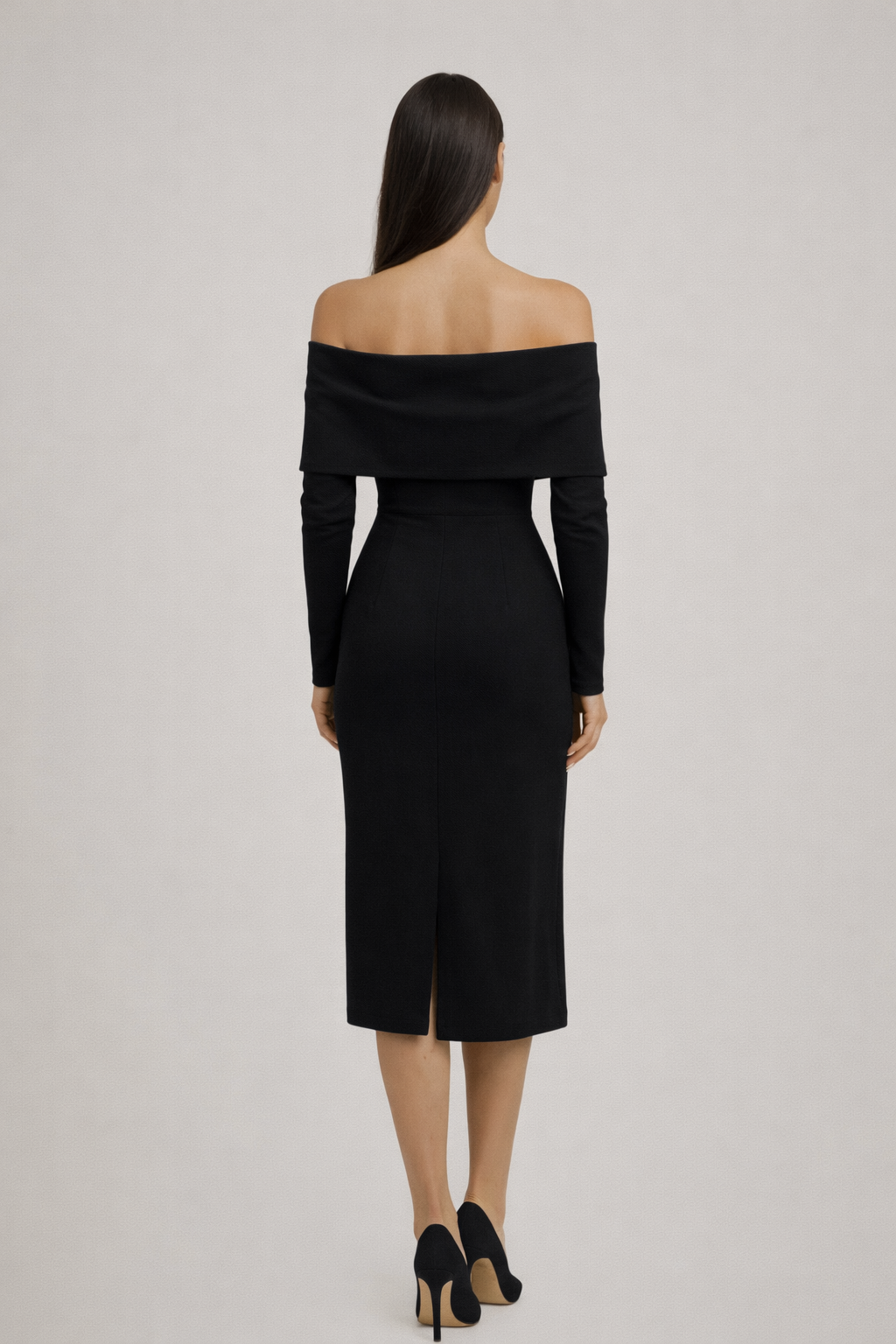 Madonna Yaka Uzun Kollu Midi Davet Elbisesi