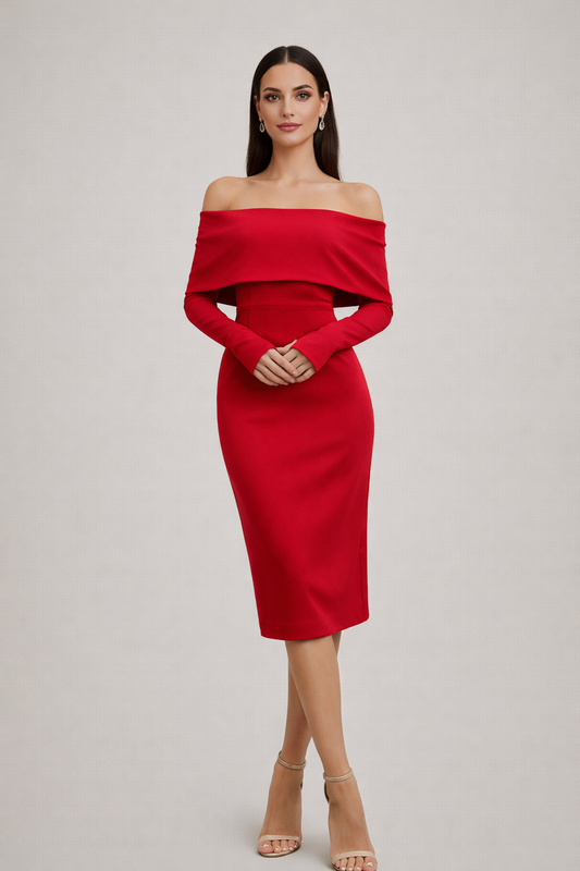 Madonna Yaka Uzun Kollu Midi Davet Elbisesi