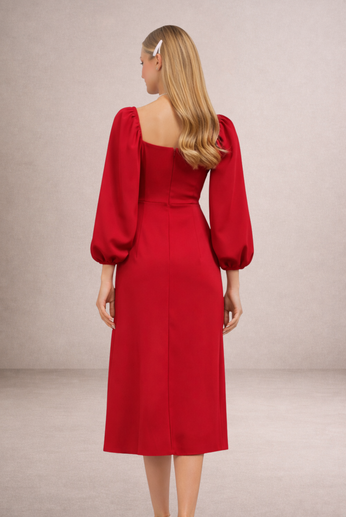 Kare Yaka Yırtmaçlı Midi Davet Elbisesi