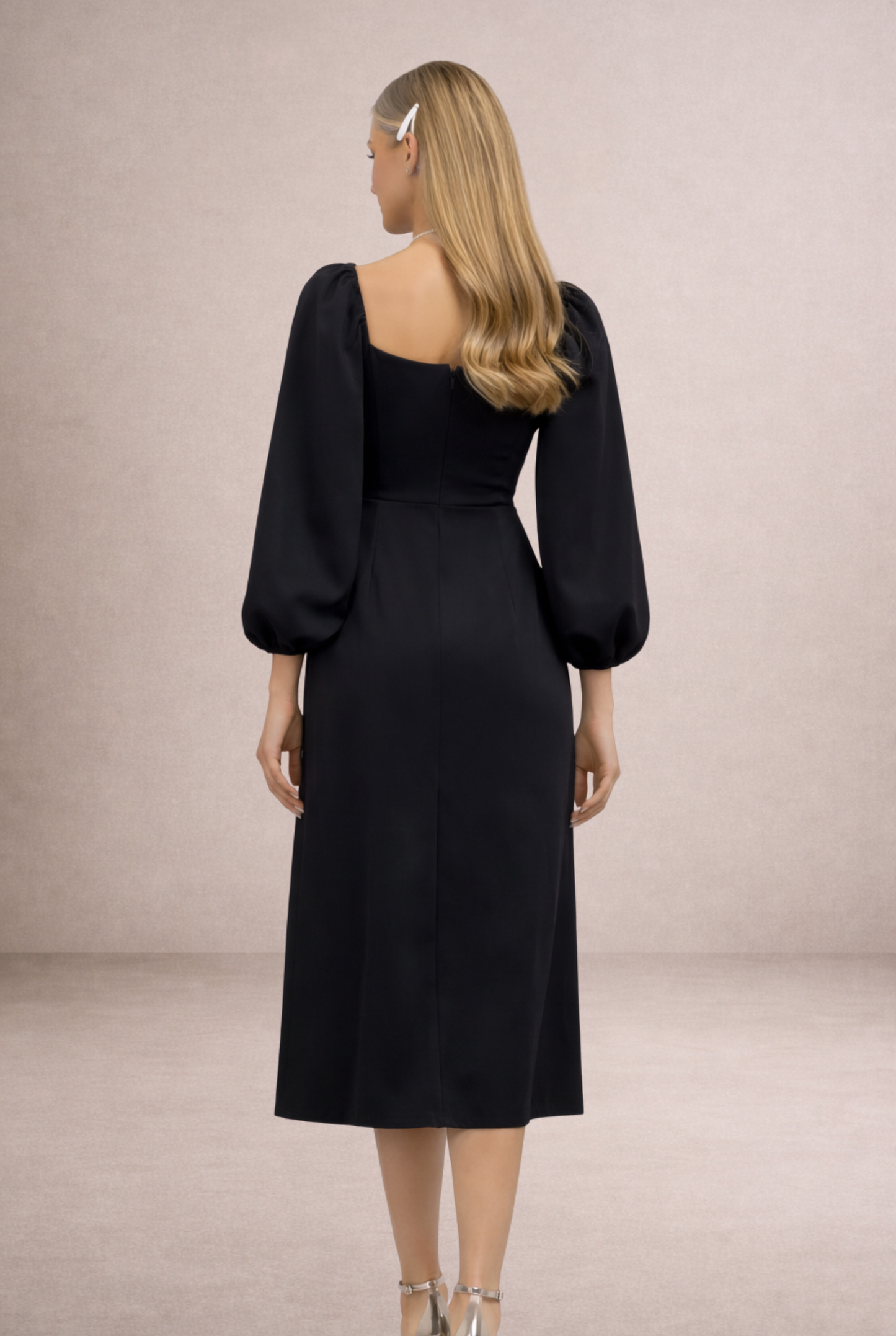 Kare Yaka Yırtmaçlı Midi Davet Elbisesi