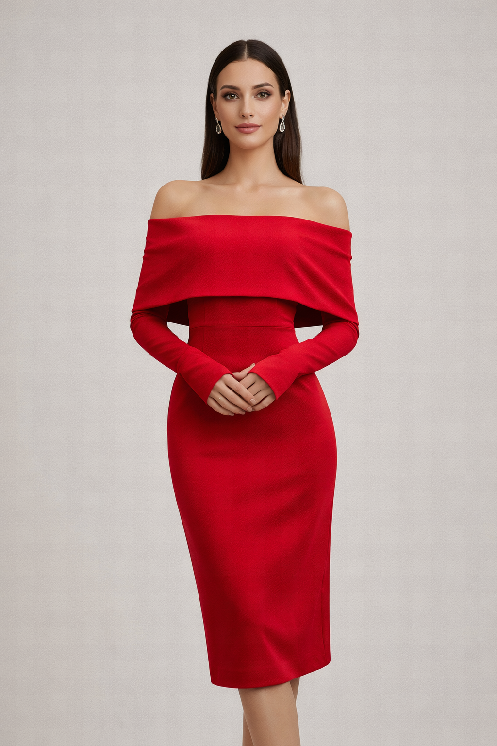 Madonna Yaka Uzun Kollu Midi Davet Elbisesi