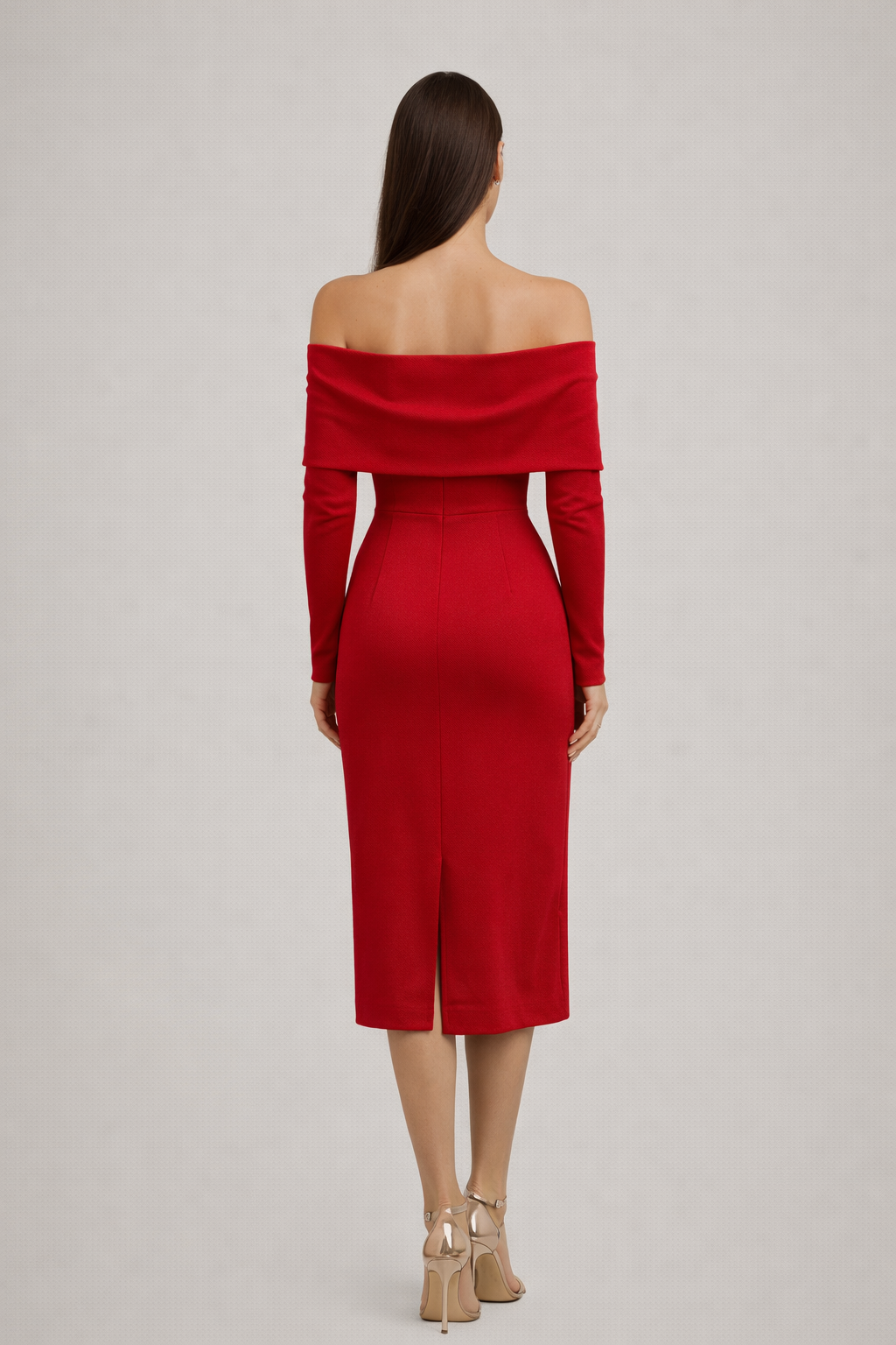 Madonna Yaka Uzun Kollu Midi Davet Elbisesi