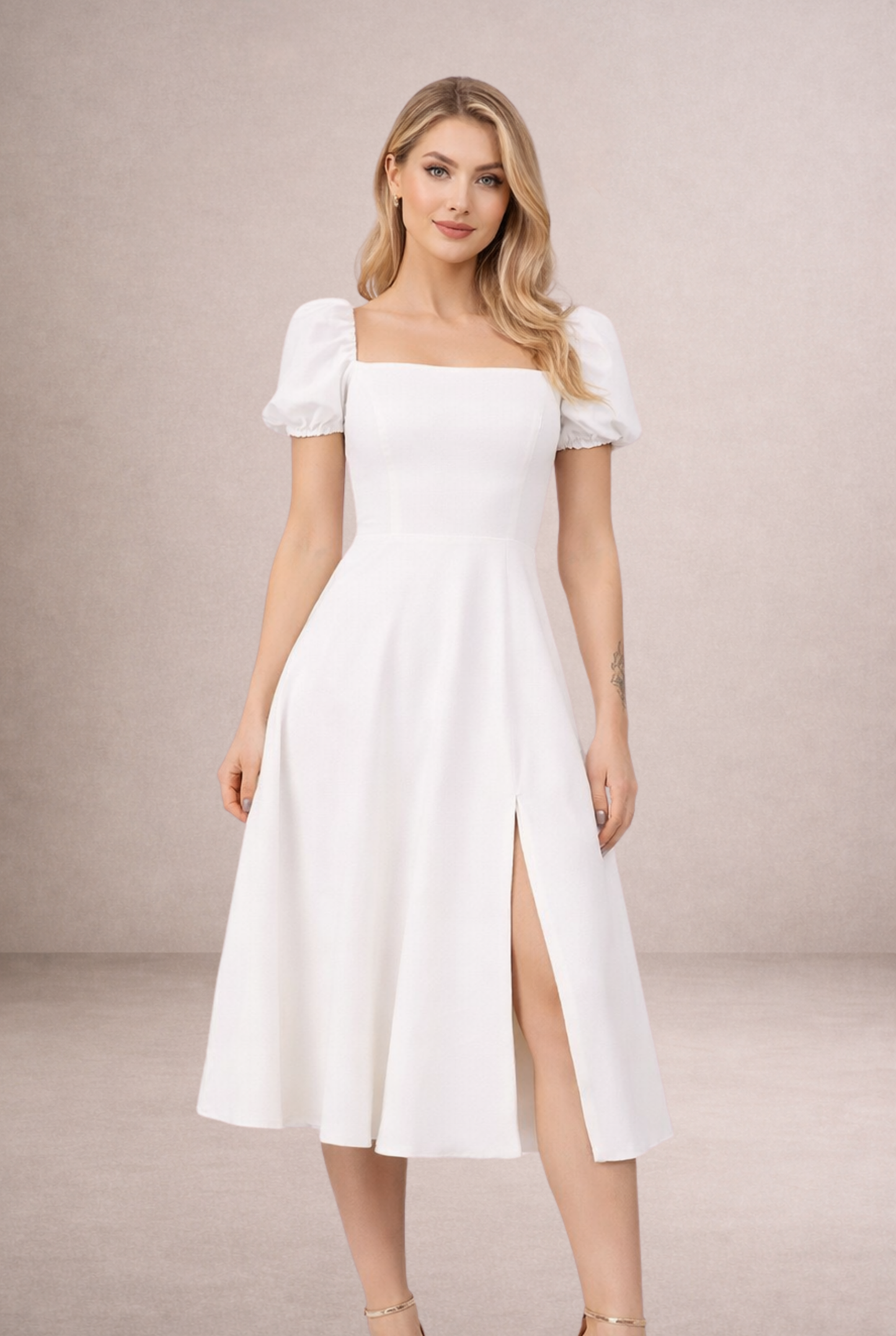 Kare Yaka Balon Kollu Yırtmaçlı Midi Elbise