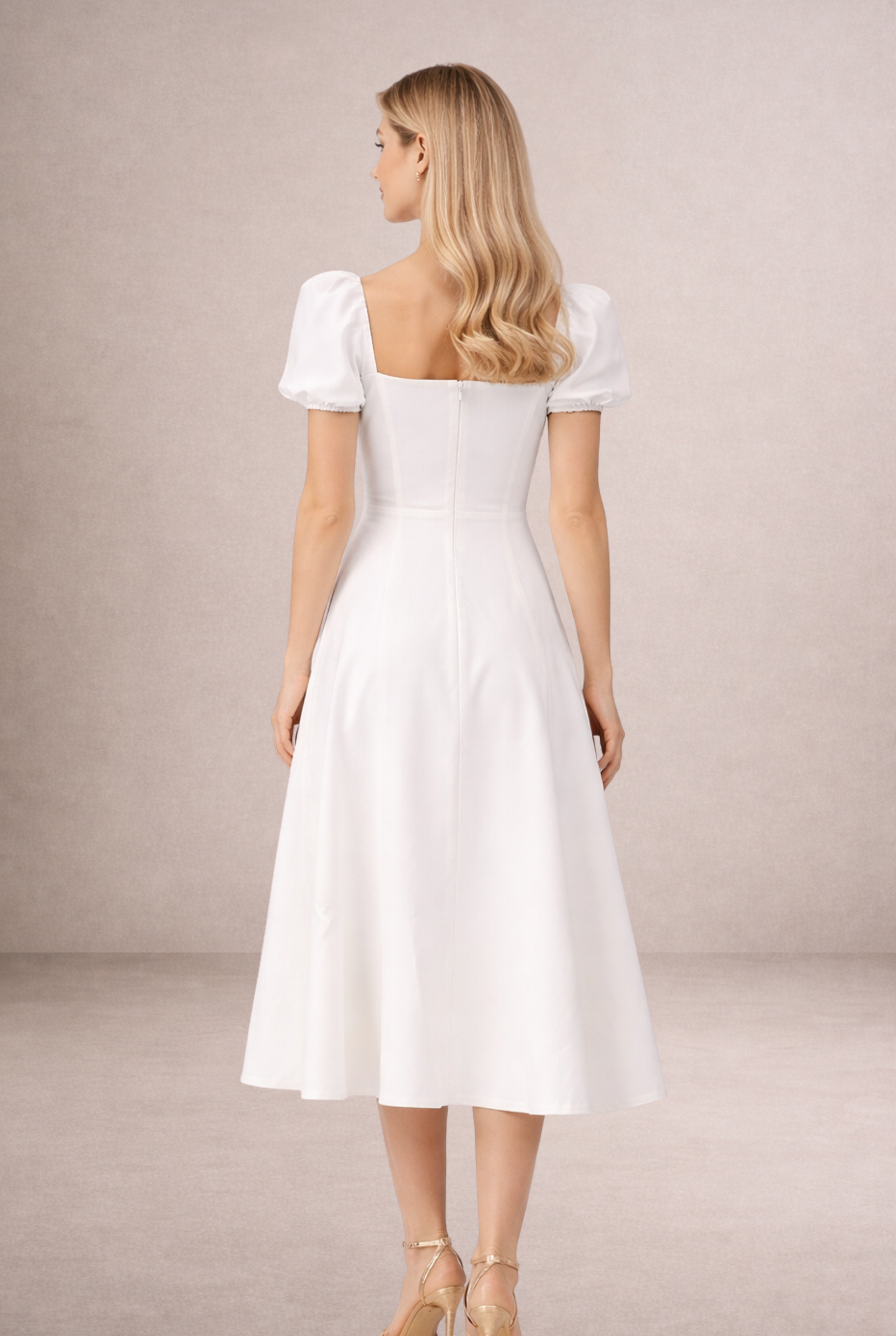 Kare Yaka Balon Kollu Yırtmaçlı Midi Elbise