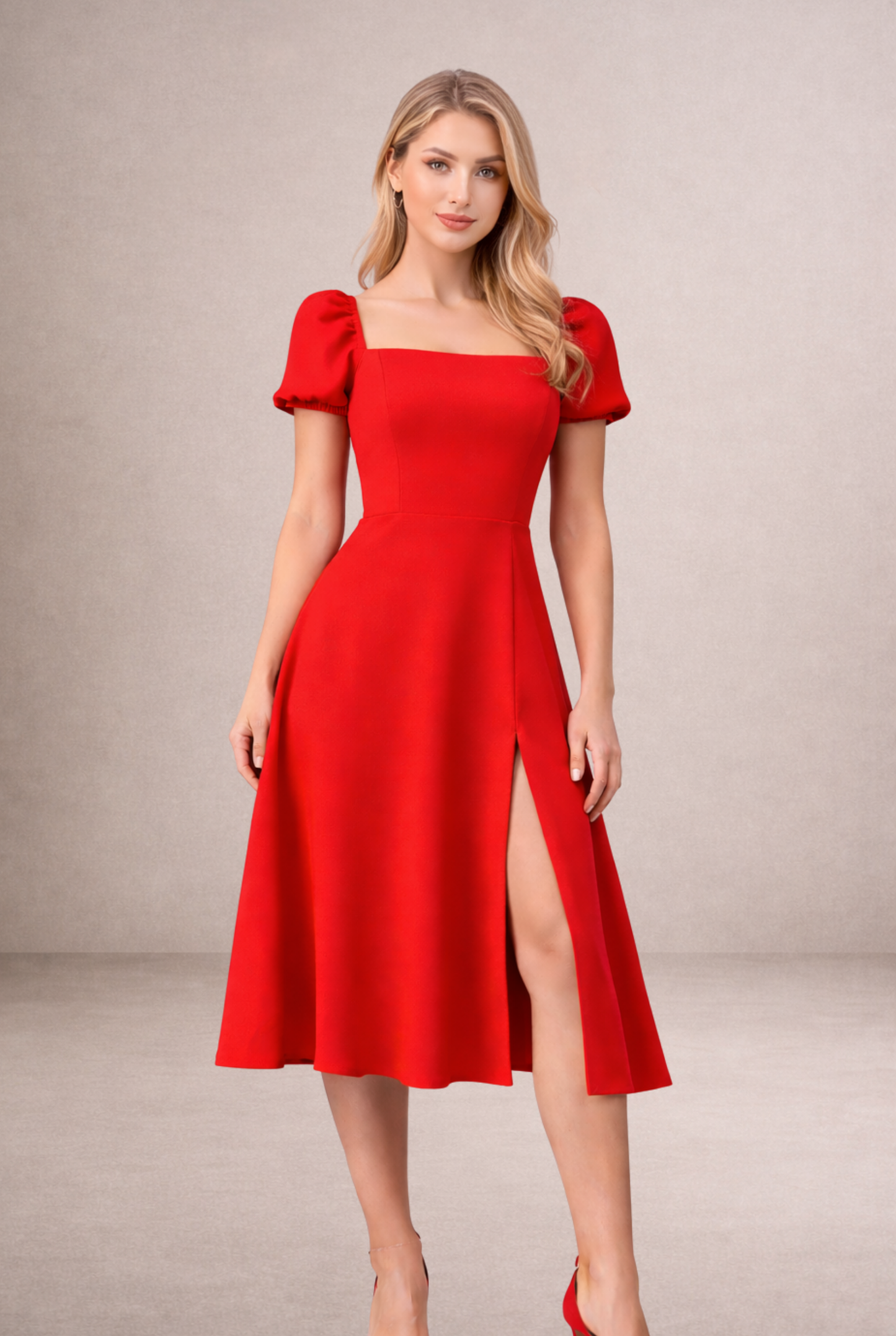 Kare Yaka Balon Kollu Yırtmaçlı Midi Elbise