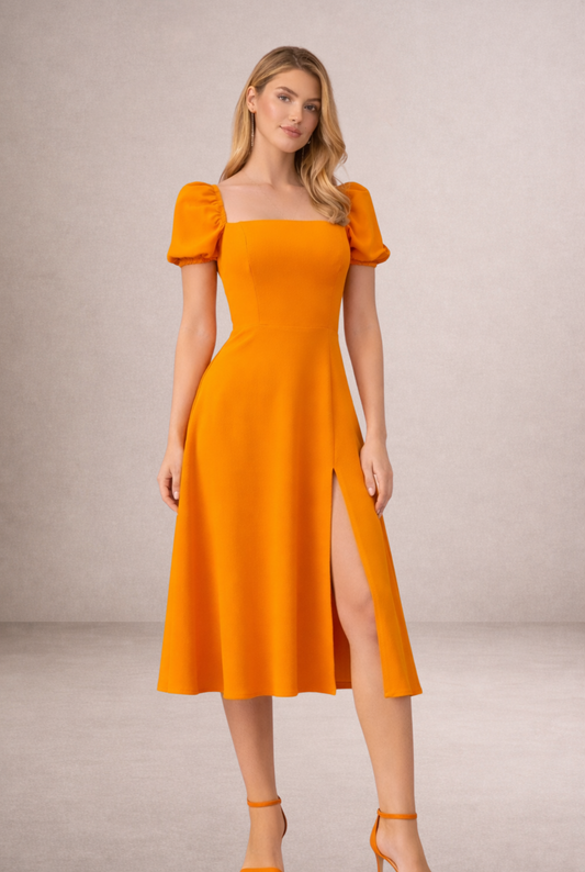 Kare Yaka Balon Kollu Yırtmaçlı Midi Elbise