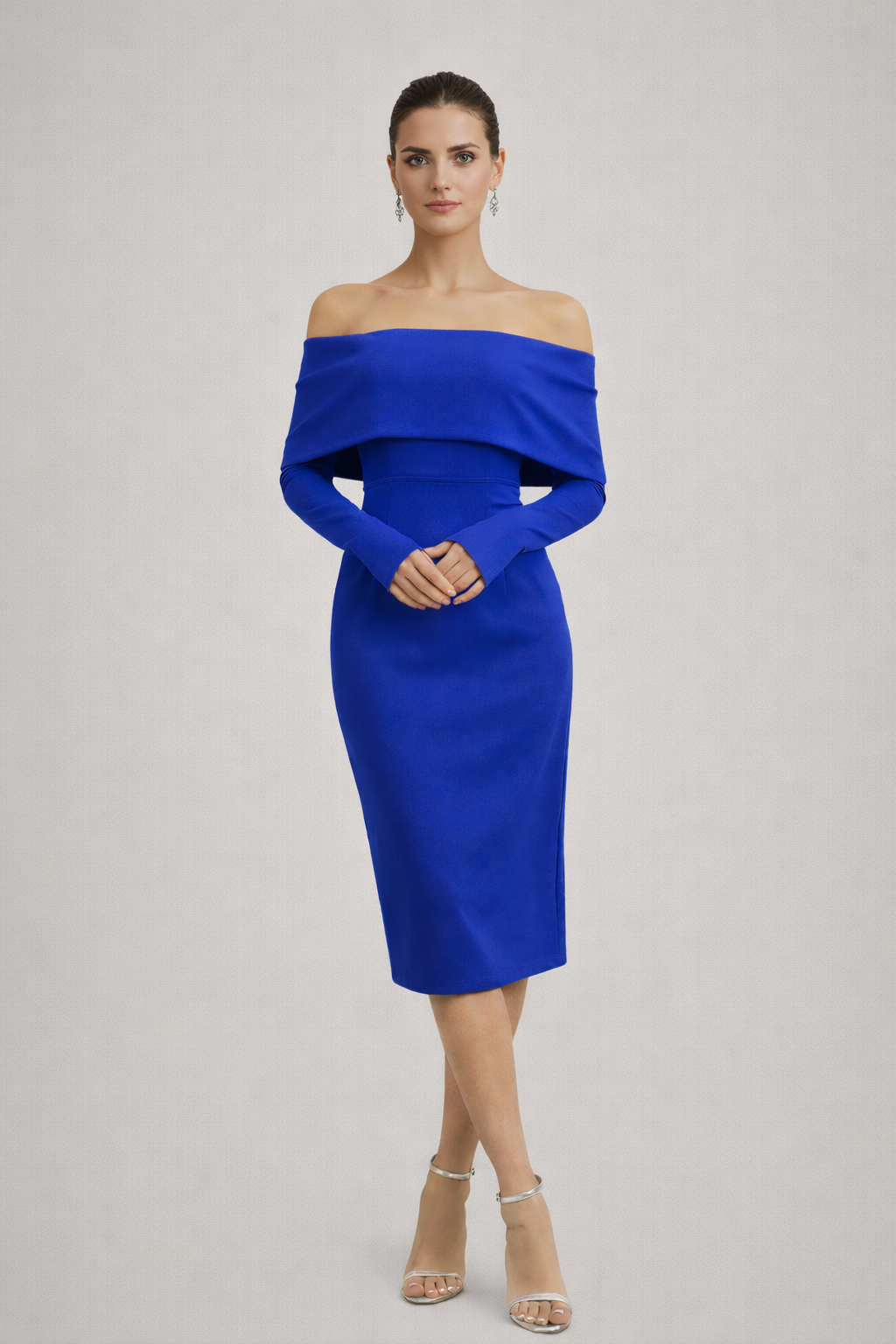 Madonna Yaka Uzun Kollu Midi Davet Elbisesi