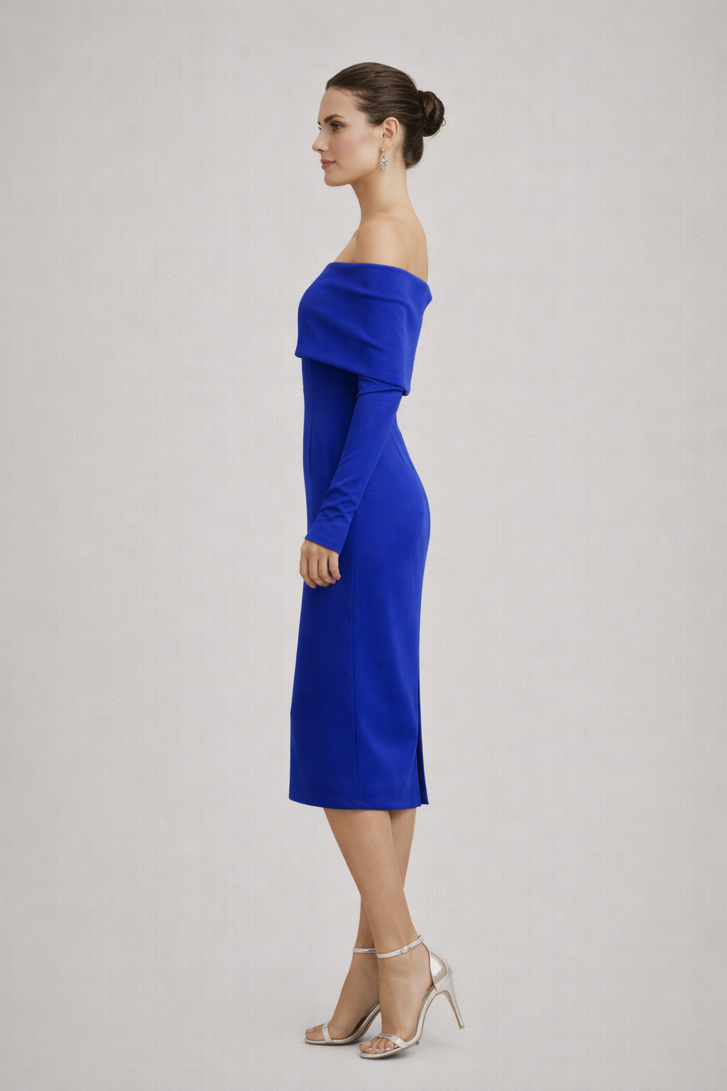 Madonna Yaka Uzun Kollu Midi Davet Elbisesi