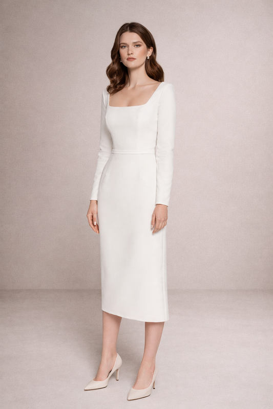 Kare Yaka Uzun Kollu Midi Elbise