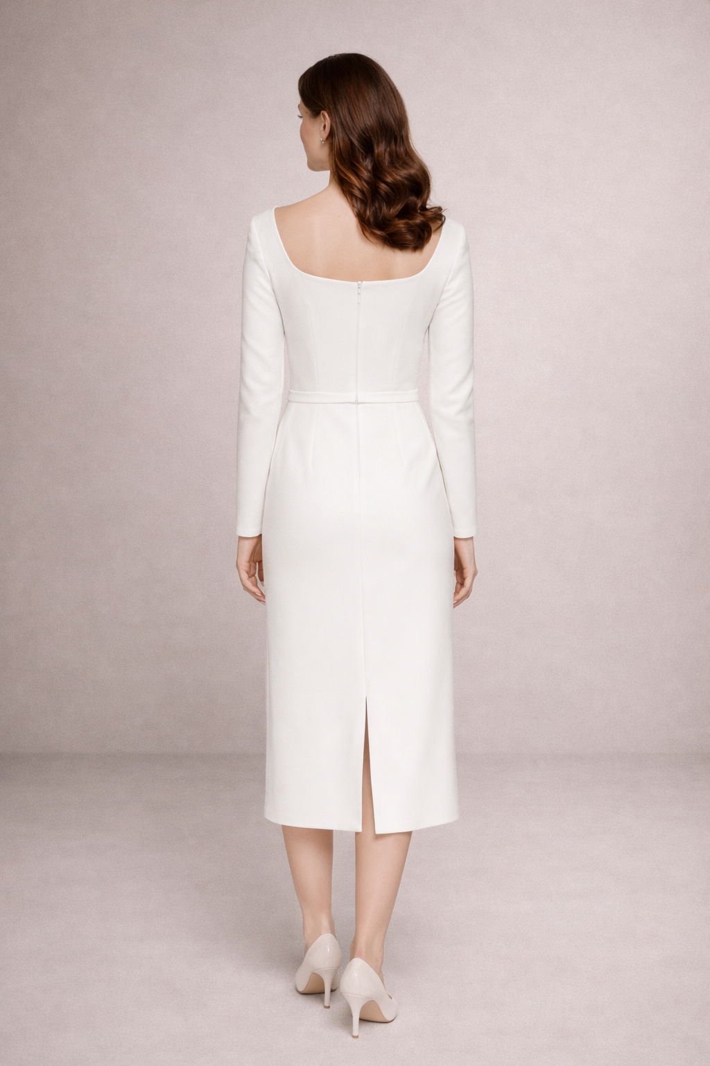 Kare Yaka Uzun Kollu Midi Elbise