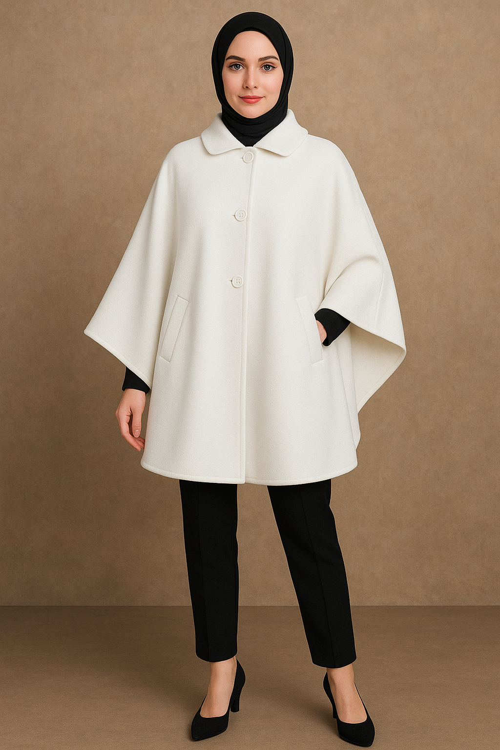 Düğmeli Kaşe Tesettür Panço