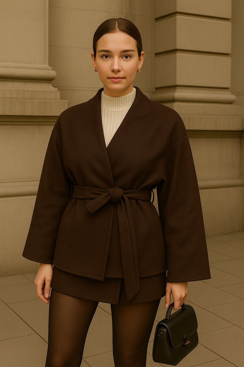 Kuşaklı Kaşe Hırka Minimal Kimono Model