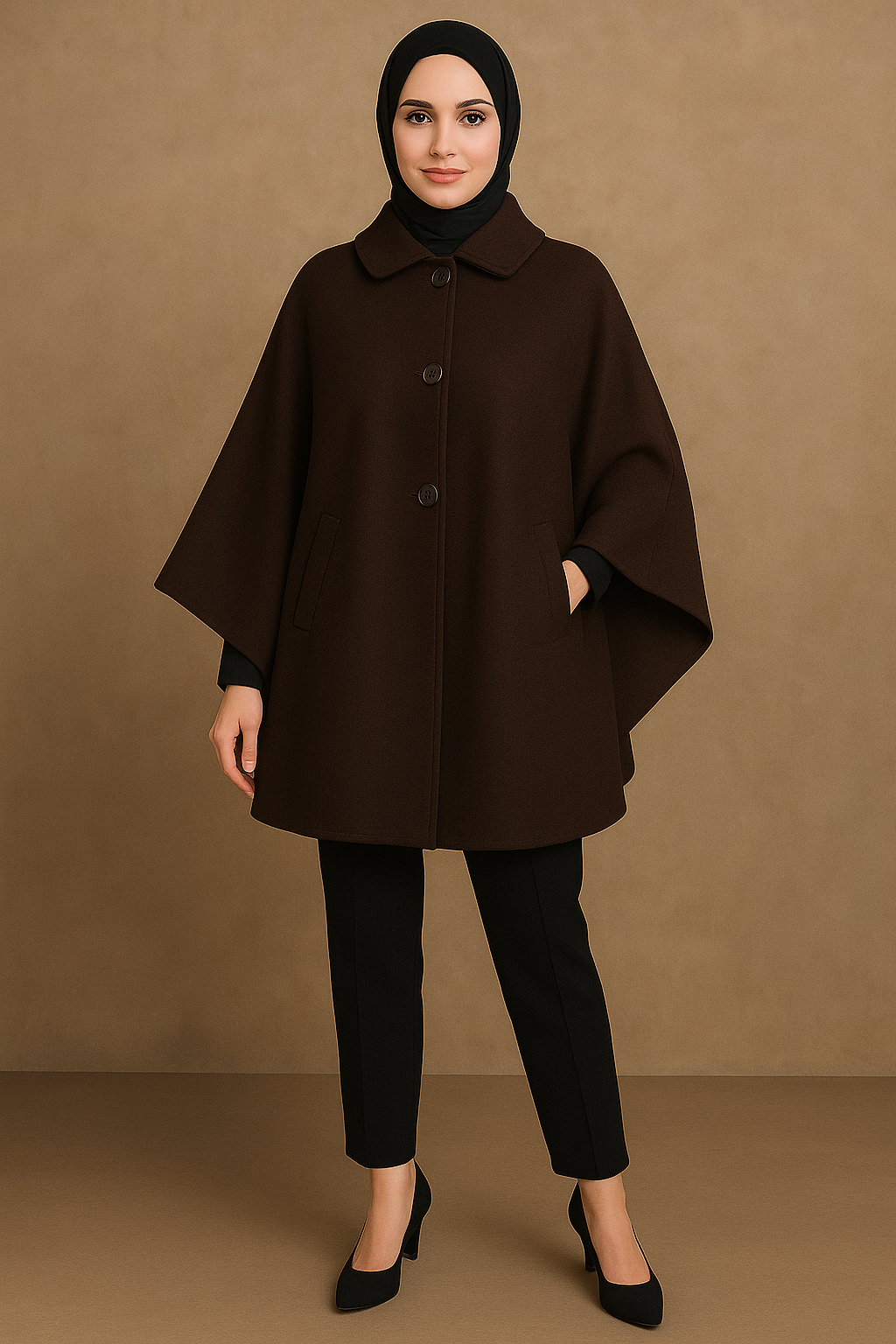 Düğmeli Kaşe Tesettür Panço