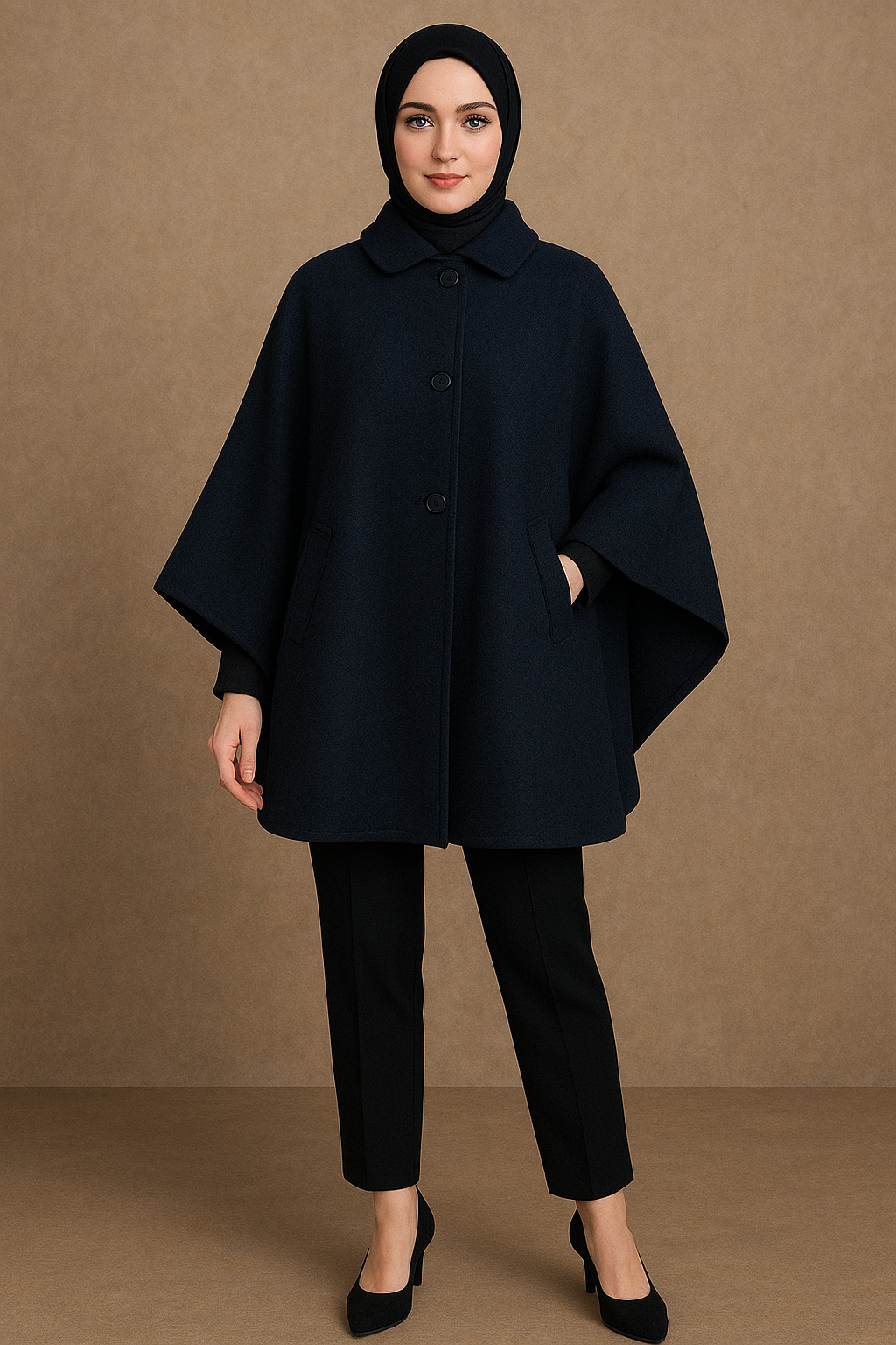 Düğmeli Kaşe Tesettür Panço
