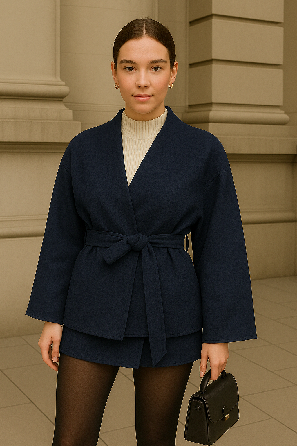 Kuşaklı Kaşe Hırka Minimal Kimono Model