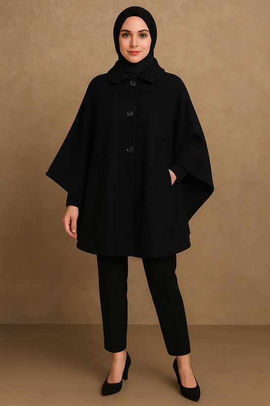 Düğmeli Kaşe Tesettür Panço